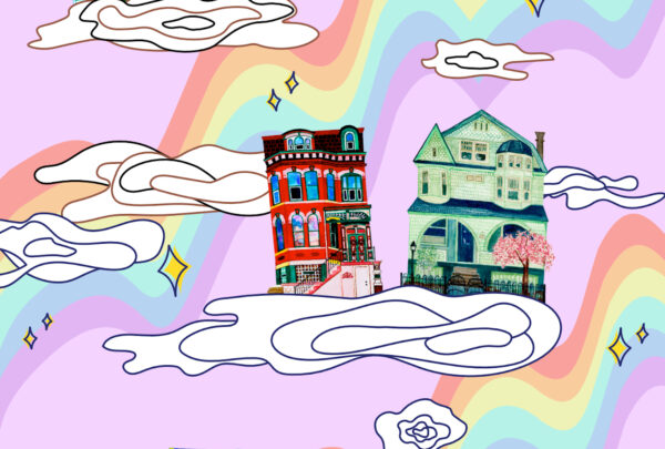 graphic image of two houses on a colored background with clouds