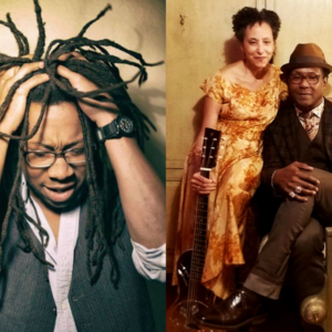 split image of black man with hands through hair and a black women sitting next to a black man