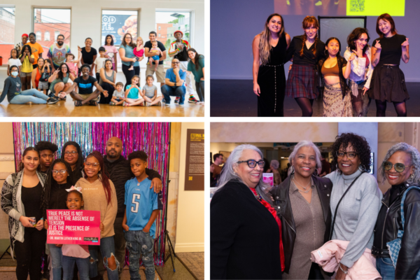 Collage of four photos; top left a group of Alloy School students posing and smiling; top right five femme folks standing and posing for the camera; bottom left a group of Black folks, different ages, posing with a quote poster; bottom right three Black ladies posing smiling and looking at camera 